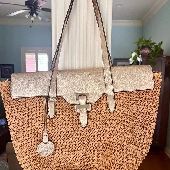 Michael Kors NAOMI Metallic Leather & Straw Tote coastal cowgirl Beach Vacation - Picture 1 of 10